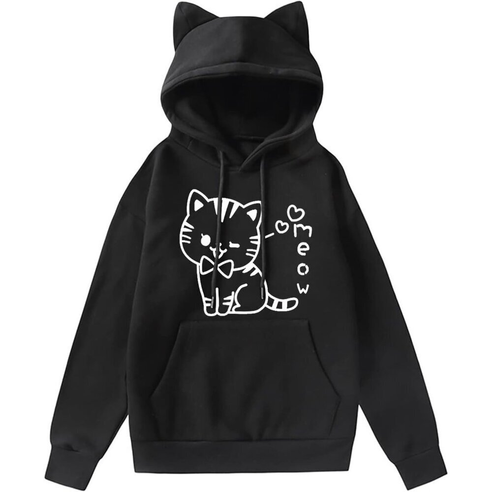 Women Teen Girls Cat Hoodie Fleece Material Kawaii Drawstring Ears Casual Wear